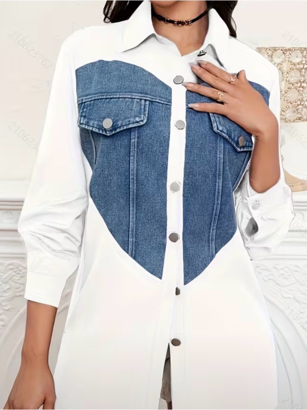 Size Medium Denim Patchwork heart - White Button-Up Shirt with Denim Heart top